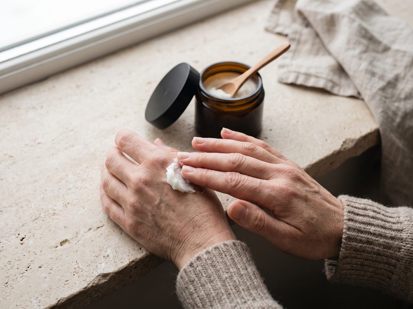 Hands scooping whipped tallow cream during a morning routine