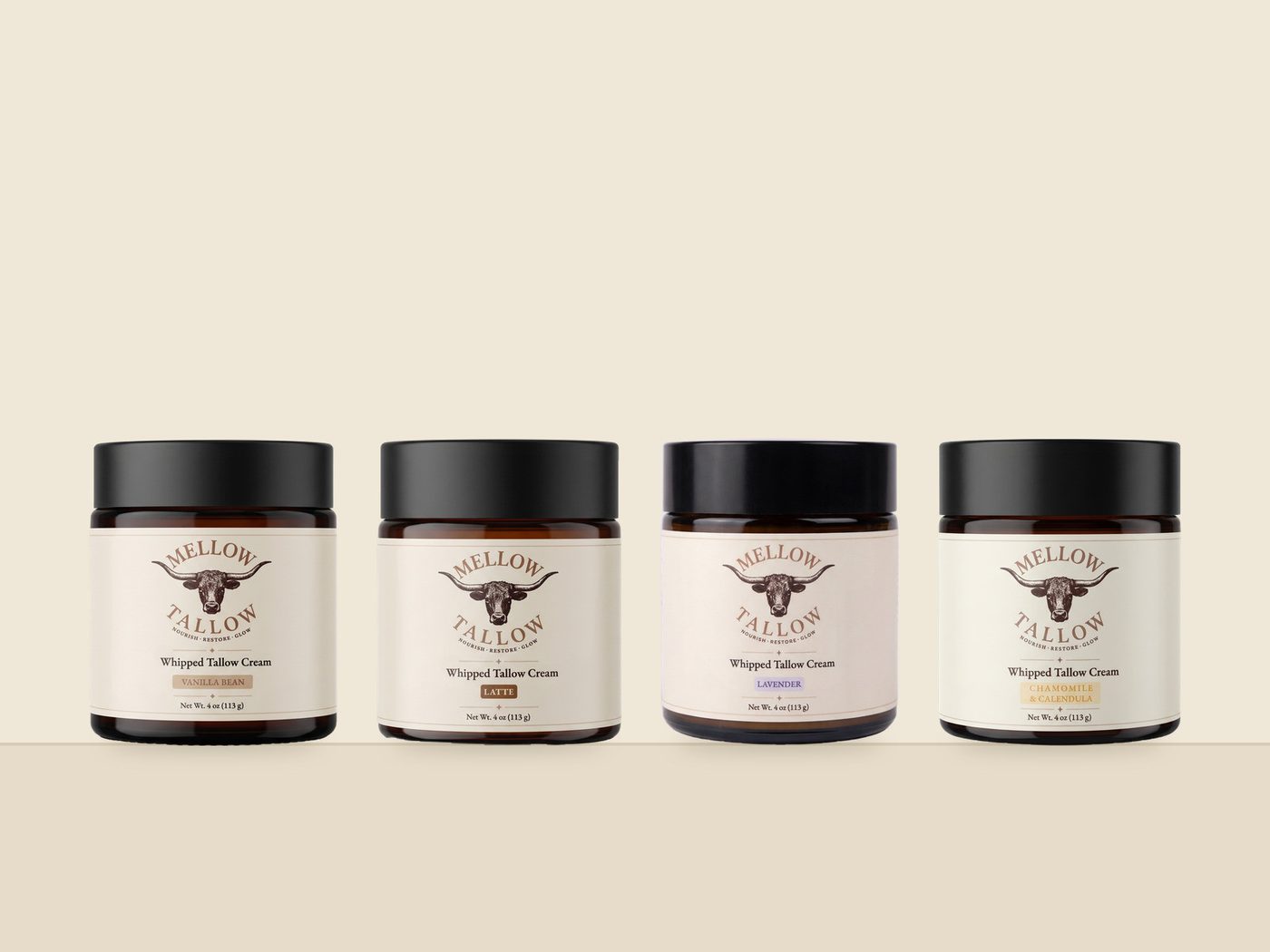All four Whipped Tallow Cream scents lined up: Vanilla Bean, Latte, Lavender, and Chamomile and Calendula