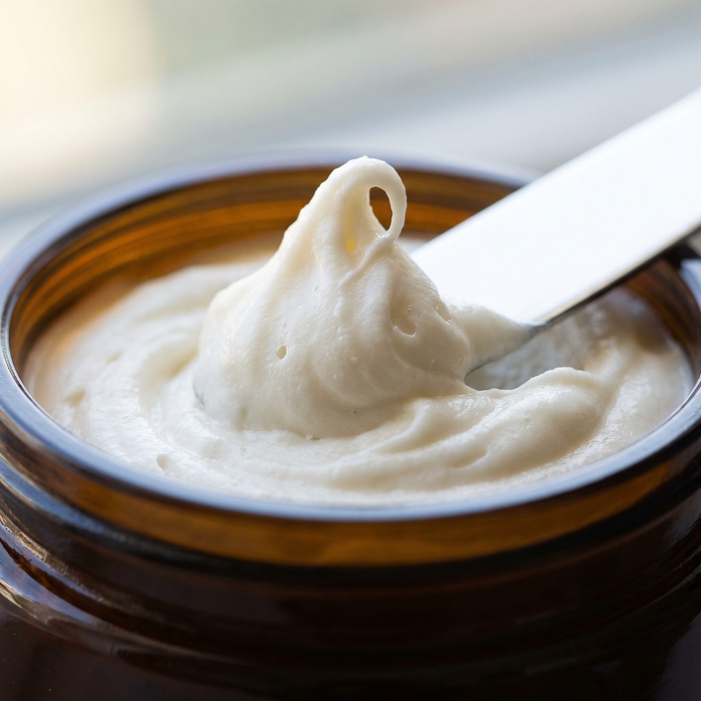 Macro photograph of an open jar of golden rendered tallow with a butter knife resting beside it